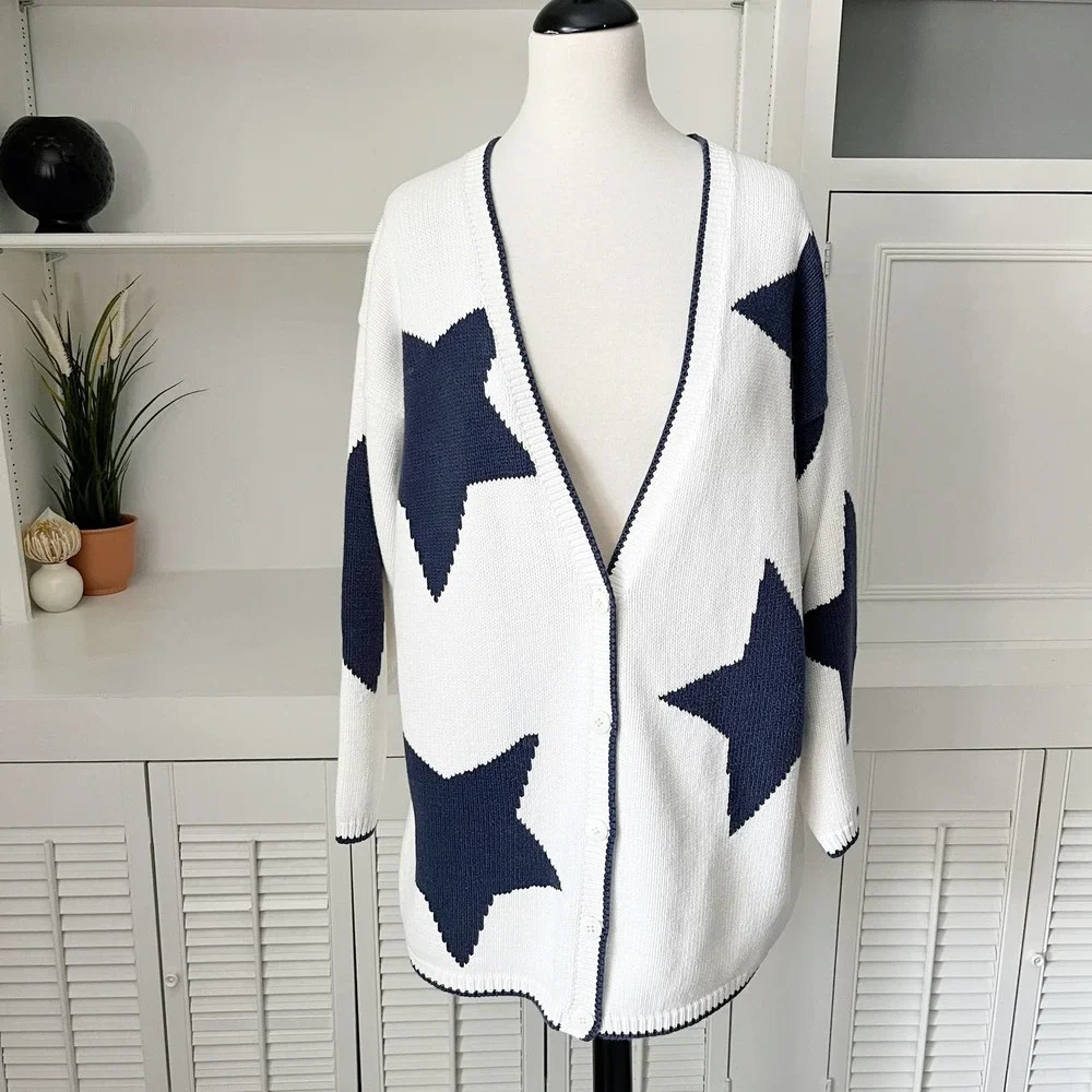 **SOLD**. Adrienne Vittadini Navy and White Star Sweater - Picture 1 of 7